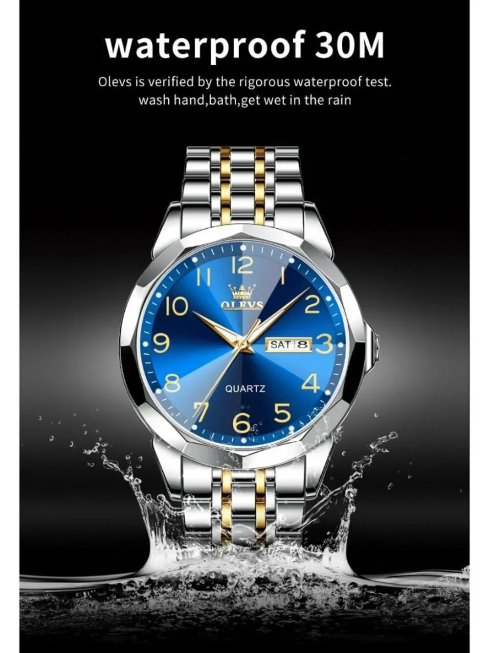 Men's Silver Blue Analog Simple Business Stainless Waterproof Luminous Watch